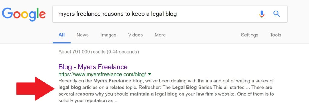 Meta description in Google search engine results page for myers freelance
