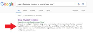 Meta description in Google search engine results page for myers freelance