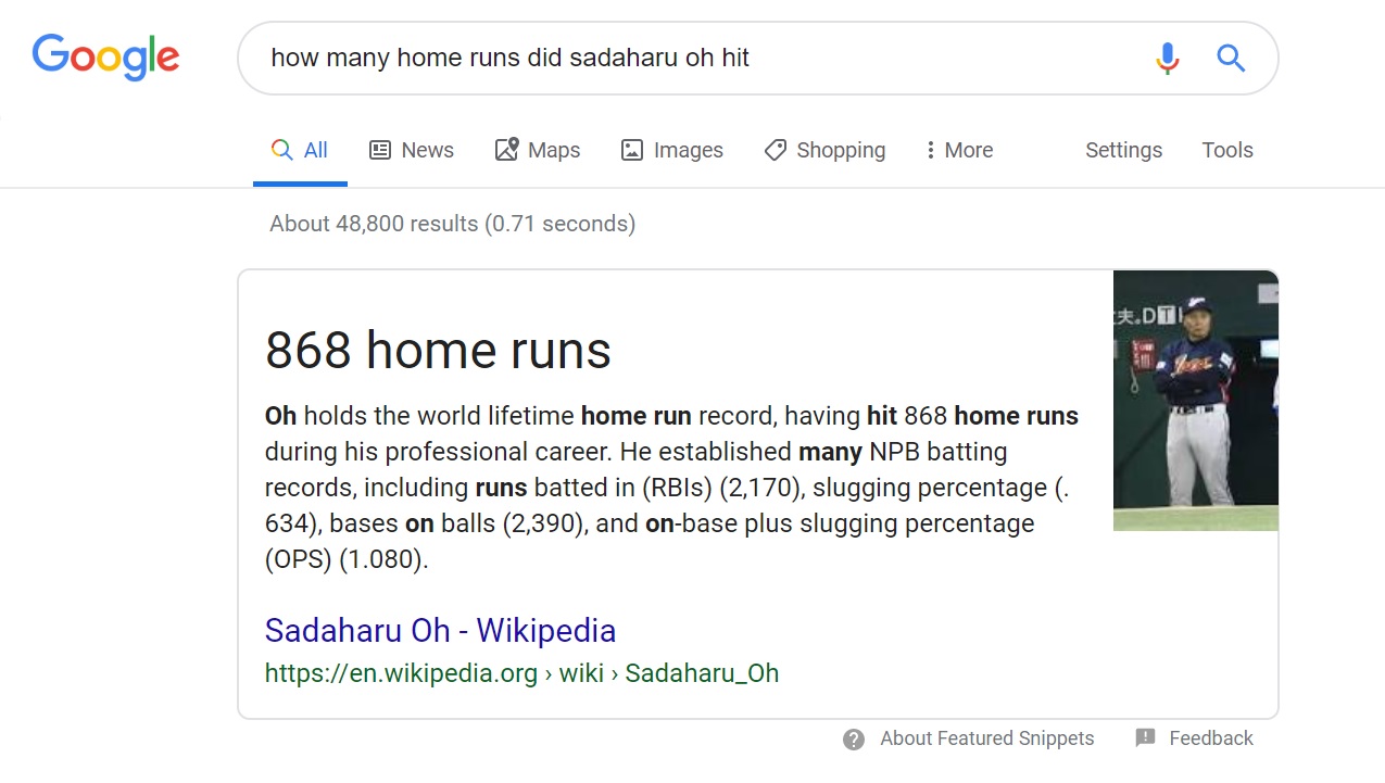 Example of a one true answer in Google results page